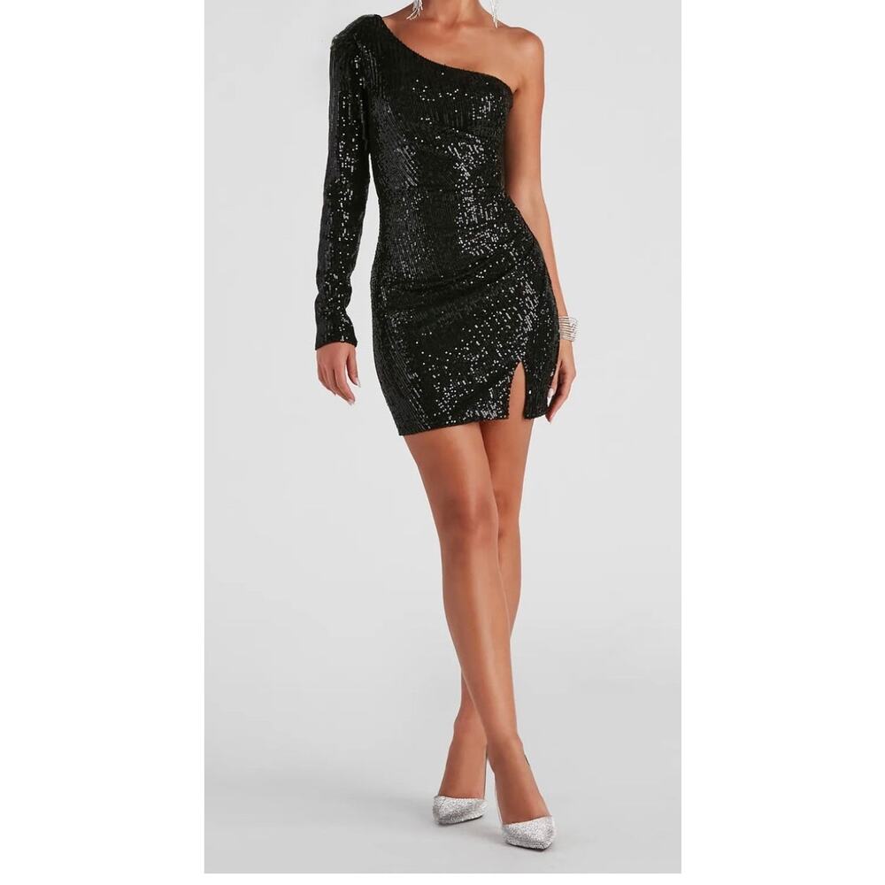 Black Sequin One-Shoulder Long Sleeve Mini Bodycon 
Dress Size Small